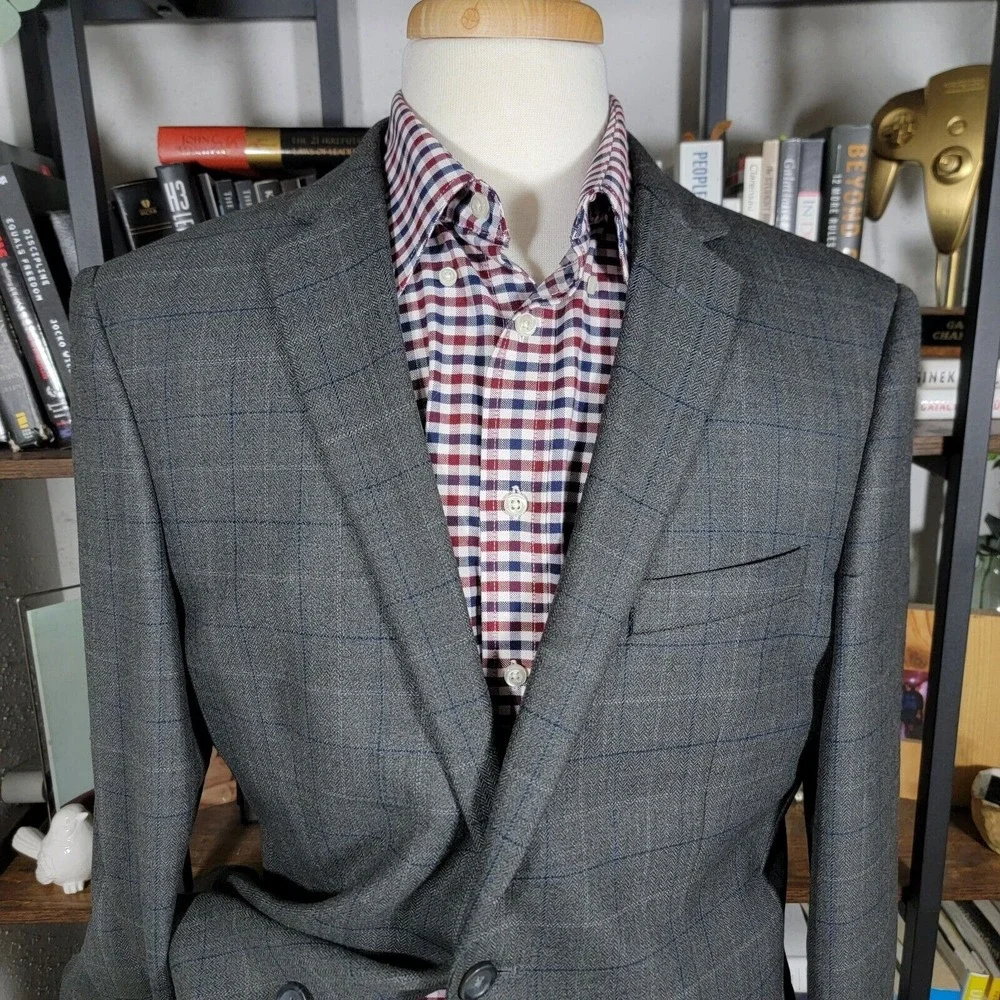 Pronto Uomo Platinum Men's Sport Coat Two Button Gray Plaid Herringbone Size 42R